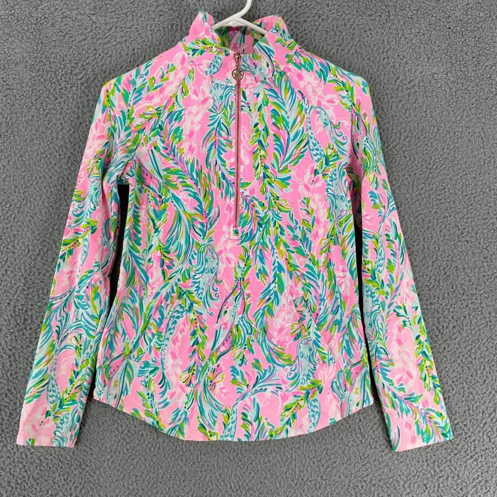 Lilly Pulitzer Skipper Popover Women XS Pink Tropical Feather Half Zip Pullover